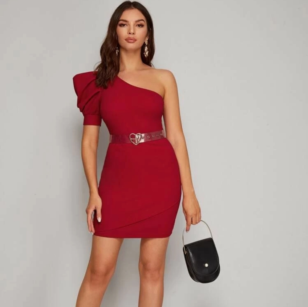 New One Shoulder Puff Sleeve Wrap Dress
